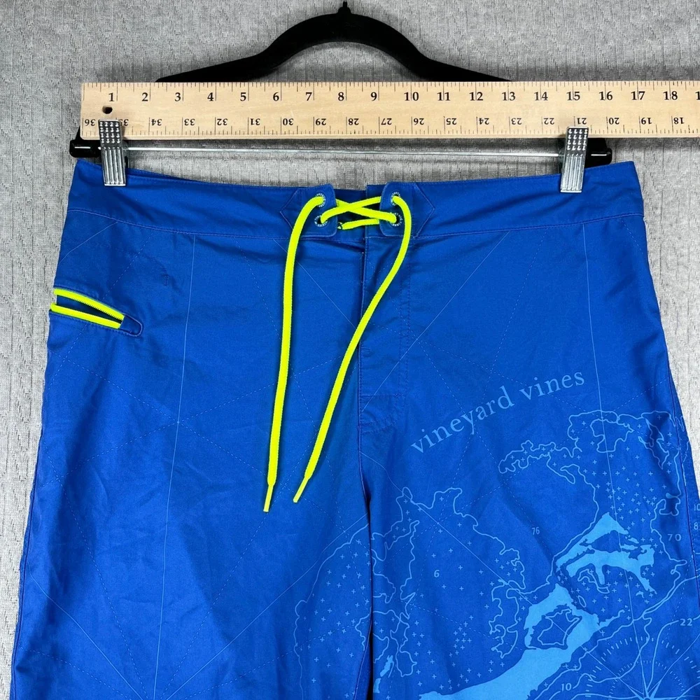 Vineyard Vines Board Shorts Men 32 Blue Nautical Map Print Swim Trunks Neon Trim